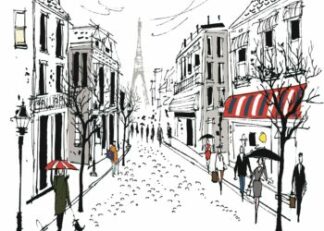 Paris street with pedestrians, Eiffel view illustration poster