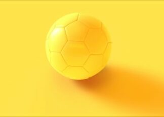 Bright yellow soccer ball on yellow background poster