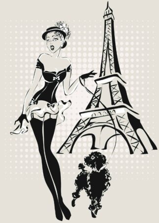 Pin-up girl with poodle in front of Eiffel tower vintage poster