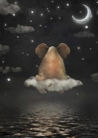 Elephant sitting on a cloud in the night sky poster