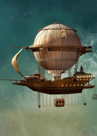 Steampunk airship fantasy illustration poster