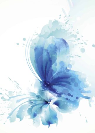 Watercolor abstract blue butterfly above blue hibiscus flower poster