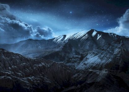 Snow mountains landscape at night poster