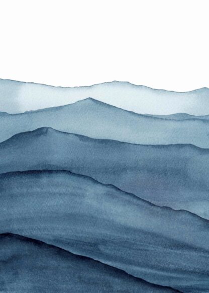Abstract indigo blue watercolor waves mountains poster