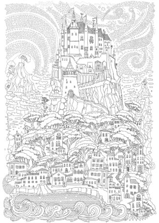 Fairy tale castle on a hill hand-drawing poster
