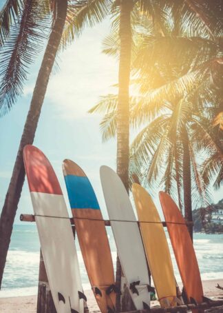 The surfboard at summer beach poster