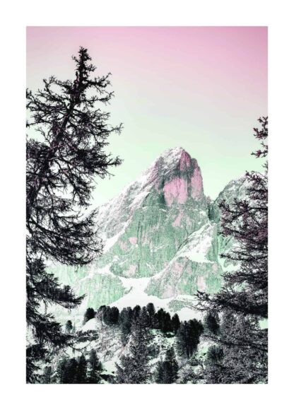 Pink mountain with snow covering poster
