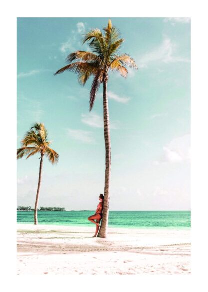 Girl standing and coconut palm tree poster