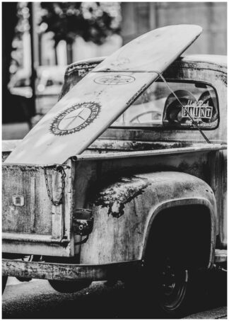 Surf board on pickup poster