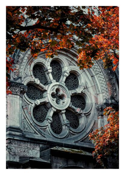 Arc window church behind autumn leaves poster