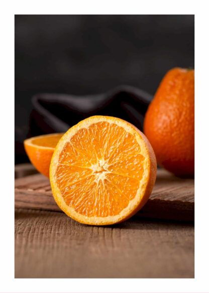 Oranges on wooden table poster