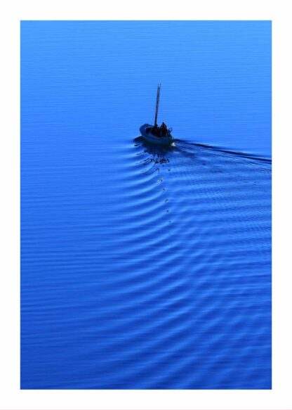 Boat in calm blue water poster