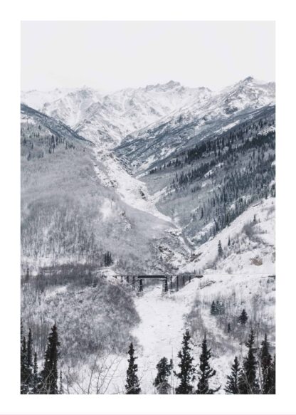 Train rail through snowy mountain pass poster