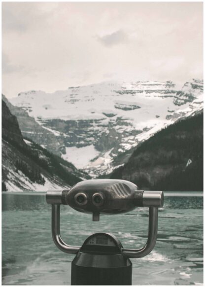 Gray telescope over the lake poster